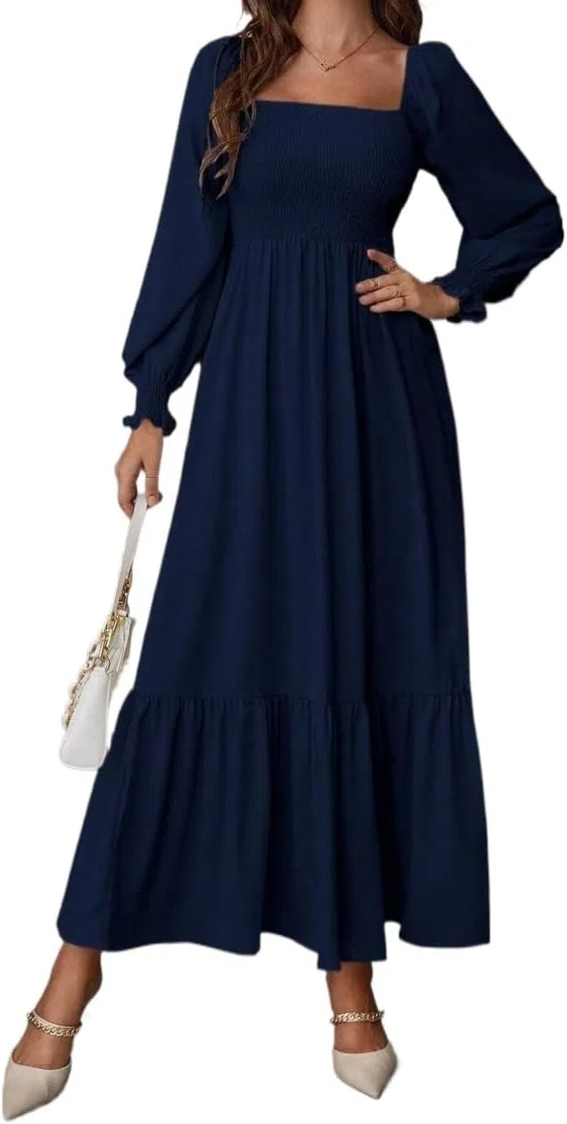 Женское платье с квадратным вырезом и оборками, Navy Blue