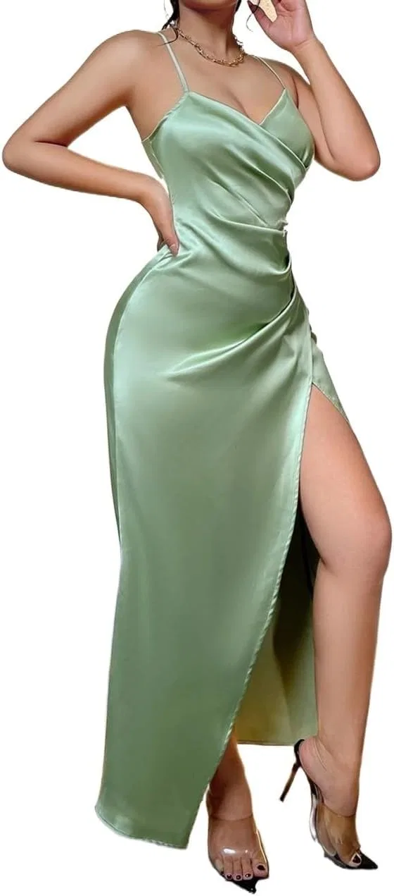 Женское сатиновое макси-платье на тонких бретелях с разрезом, Mint Green