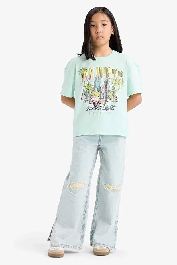 Детская футболка для девочек с принтом Relax fit crew neck printed short sleeve t-shirt girls Defacto, Turquoise — фото 2