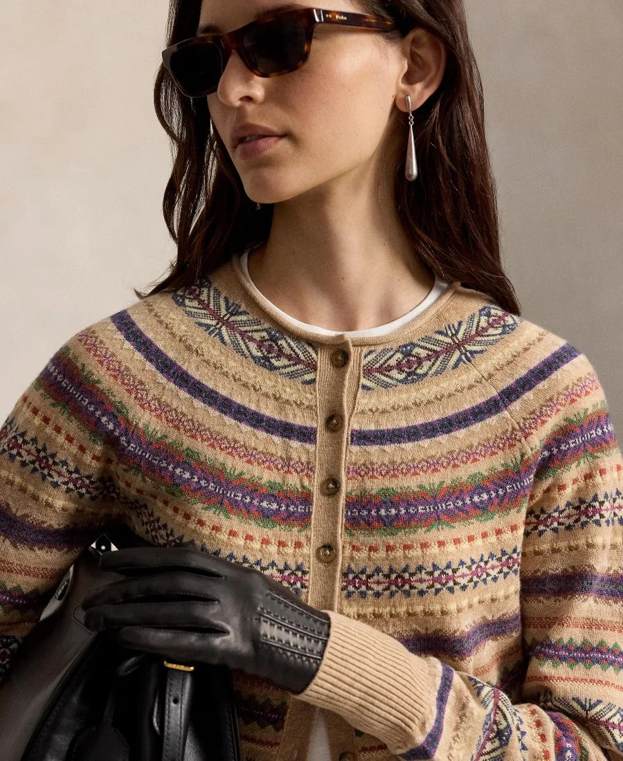 Женский кардиган из шерстяной смеси с узором Fair Isle, приталенный Polo Ralph Lauren, Tan Multi — фото 3