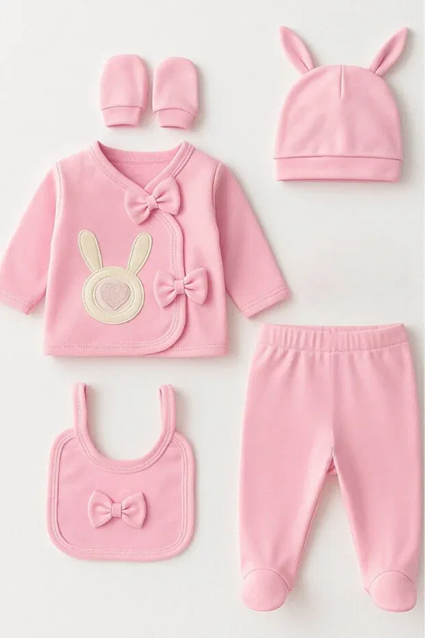 Детский комбинезон для новорожденных с принтом Organic baby girl rabbit patterned 5-piece jumpsuit hospital release newborn outfit baby bib Bamoola For Babies, Pink Rabbit