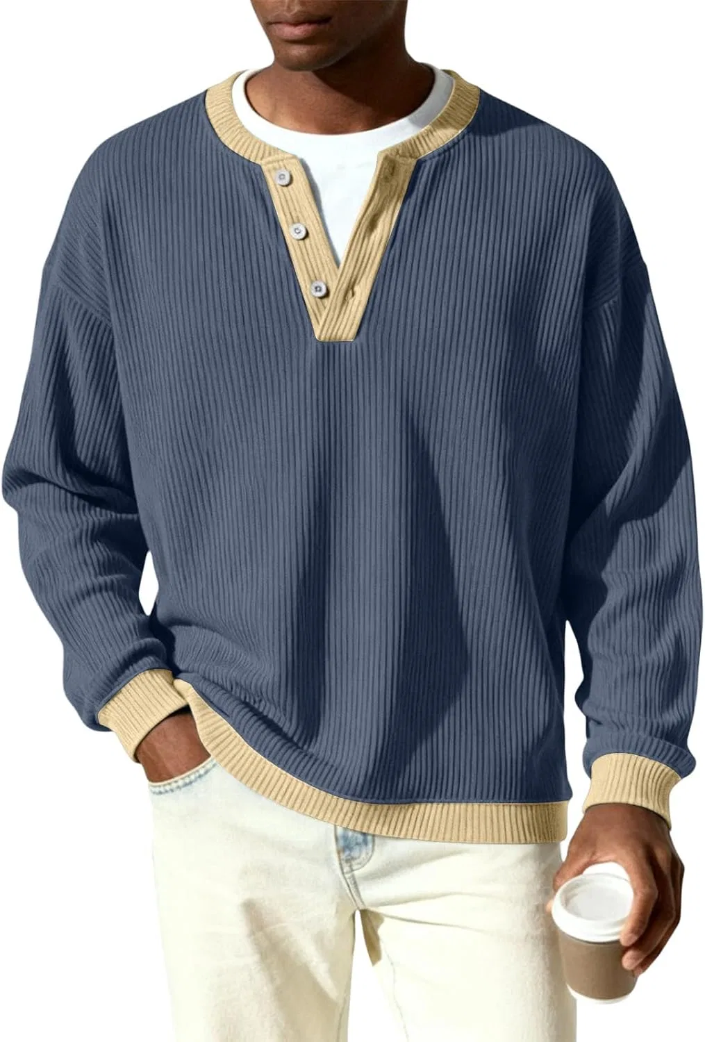Мужская футболка с длинным рукавом, Ribbed Knit Henley, тёмно-синий — фото 2