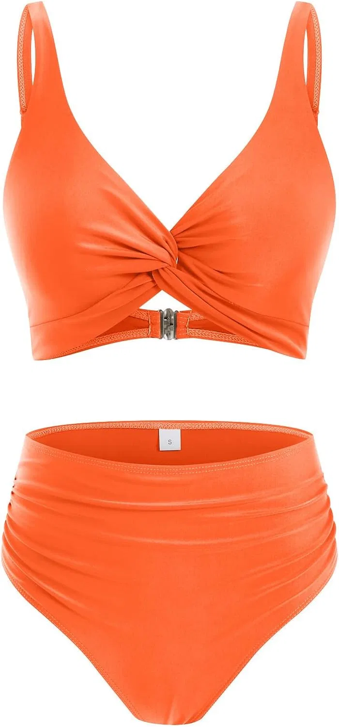 Женский бикини-сет с высокой талией V-образным вырезом, Orange — фото 4