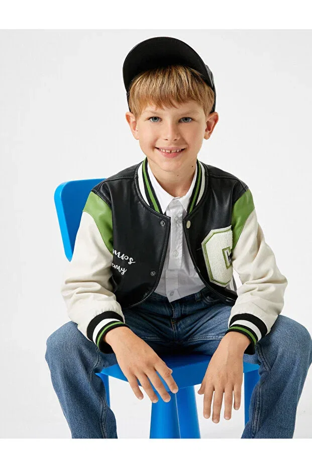 Детское пальто для девочек с принтом College jacket with leather look, applique and pocket details, snap button closure Koton, Black