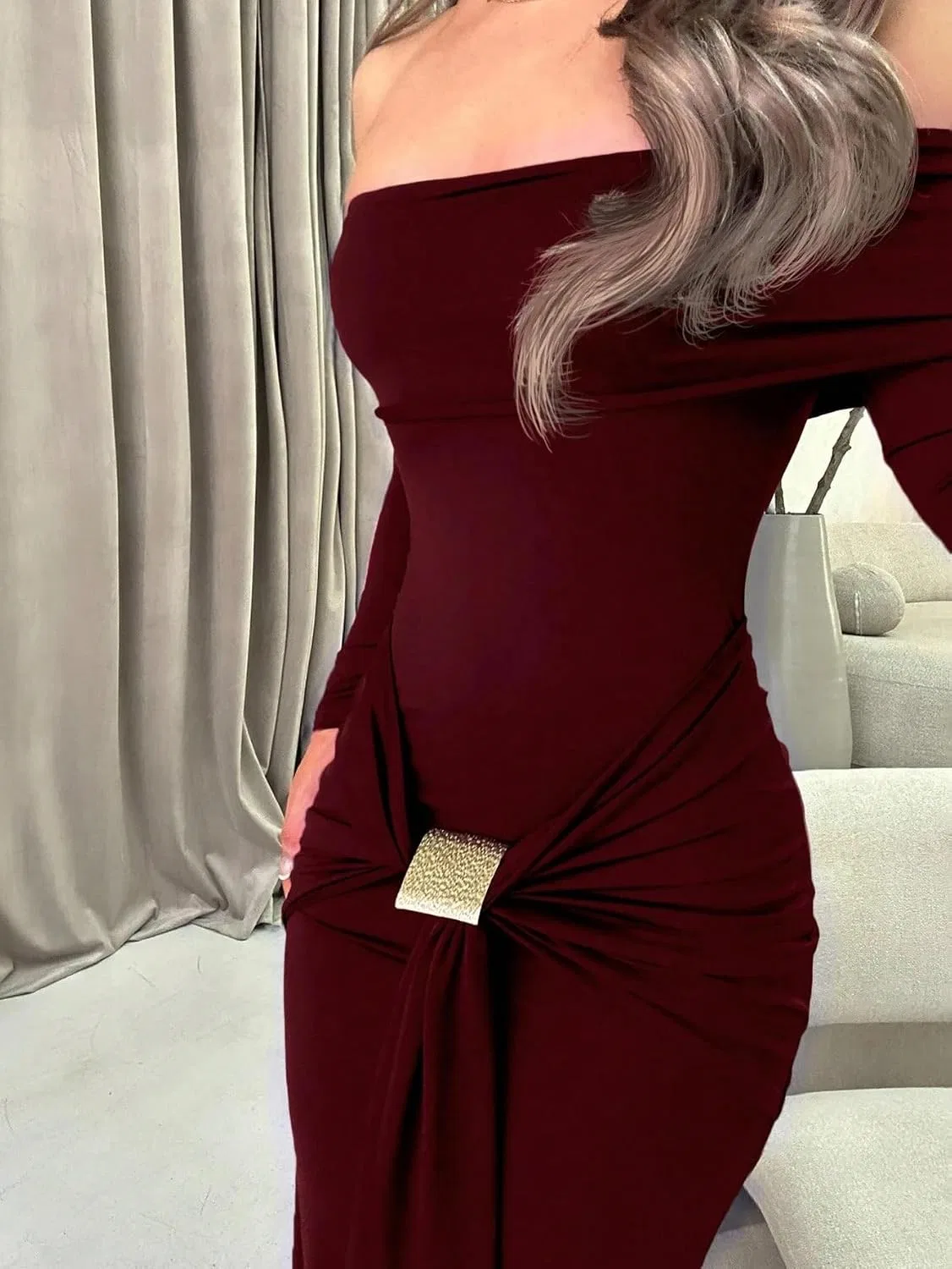 Женское длинное платье-бодикон с открытыми плечами Burgundy — фото 4