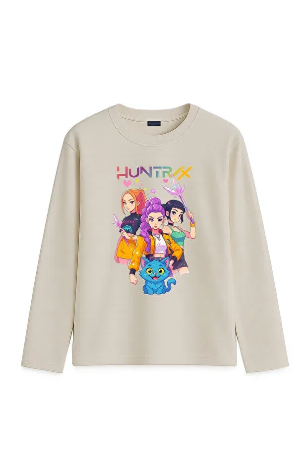 Детские свитшот с принтом Kpop Demon Hunters Demon Slayers Printed Long Sleeve Girls' T-Shirt 4-13 Years - Huntr/X Blitzist, Gray