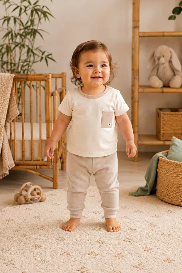 Детская пижамная футболка с коротким рукавом Mimu Baby, Beige — фото 4