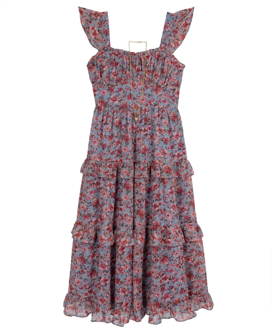 Платье-макси из шифона с люрексом и принтом Floral Lurex Chiffon Rare Editions, Dusty Blue — фото 4
