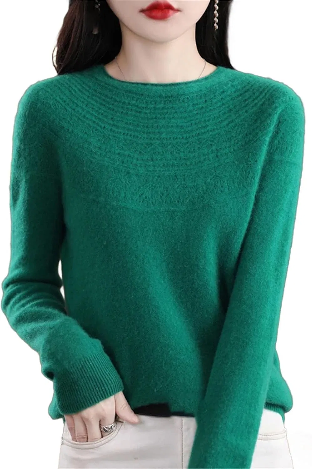Женский свитер с круглым вырезом, Merino Wool Knitted Sweater, Zu Mu Lv