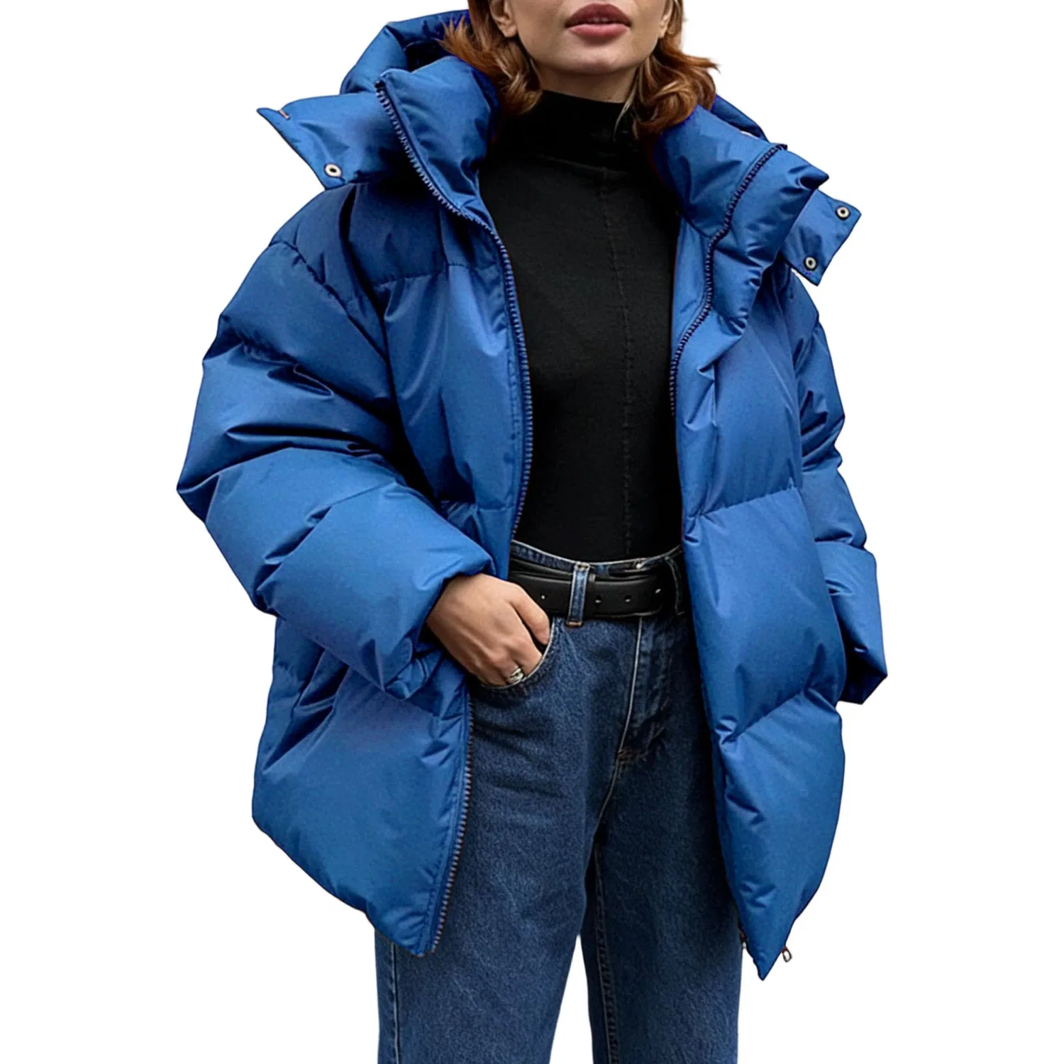 Женское зимнее короткое стеганое пальто с капюшоном, Blu