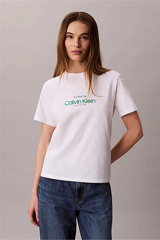 Женская хлопковая футболка с принтом Calvin Klein, White — фото 3