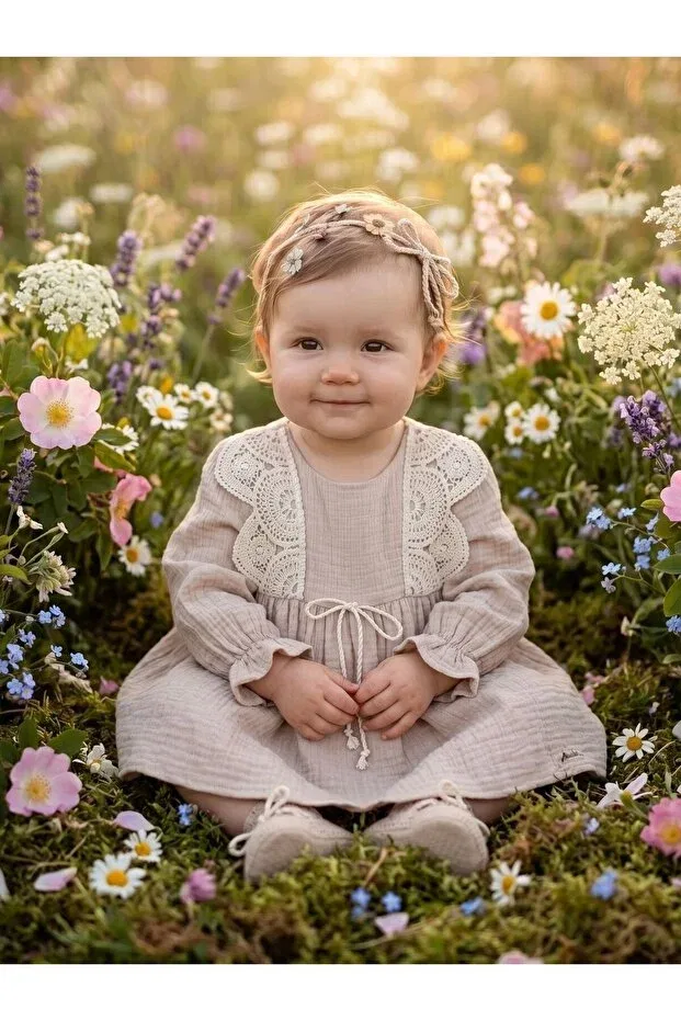 Детское платье для девочек с вышивкой Guipure detailed muslin baby girl dress Cherrys Bebek, Mink