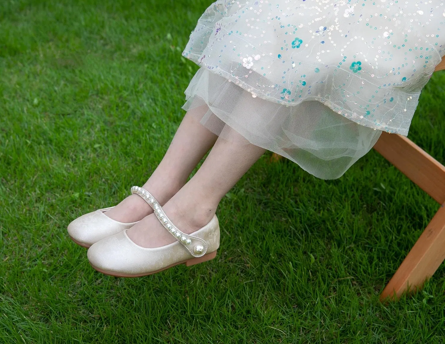 Детские балетки для девочек с жемчужным ремешком Mary Jane Flats GOJERP, Light Gold — фото 3