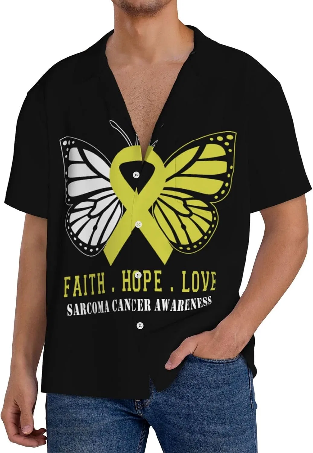 Мужская свободная рубашка с коротким рукавом Cuba воротник Butterfly Sarcoma Awareness, Black