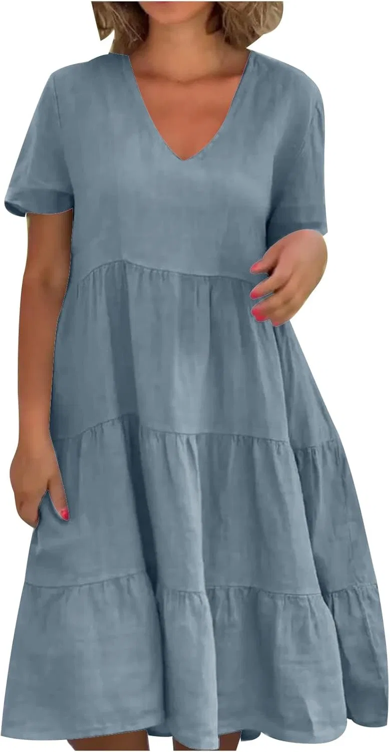 Женское свободное платье с V-образным вырезом из хлопка и льна, Light Blue
