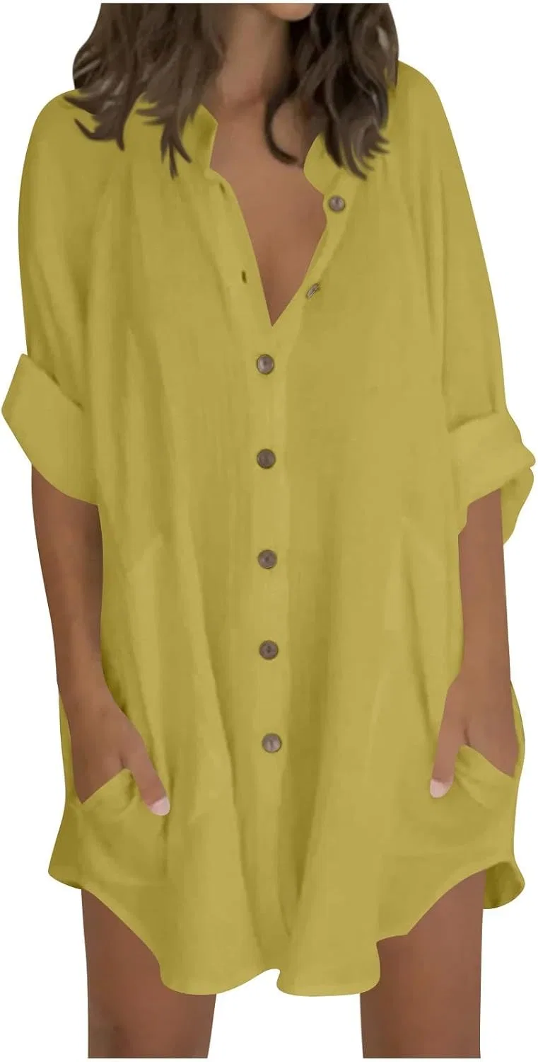 Женская свободная туника из хлопка и льна с карманами, Yellow