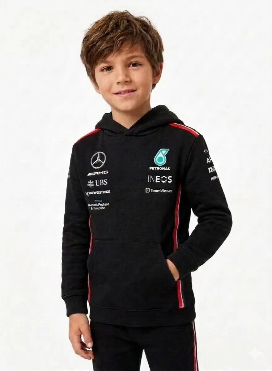Худи детское с принтом Mercedes-AMG F1 Kids Team Amg Petronas Formula 1 Team, черный