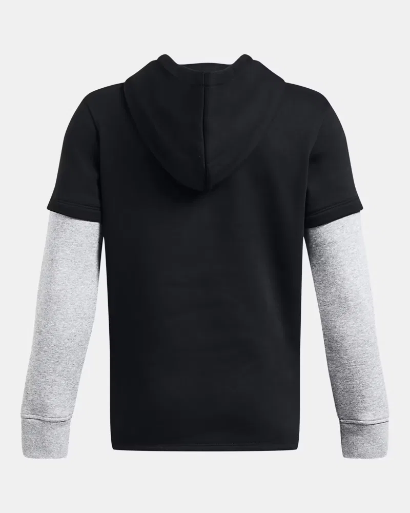 Худи для мальчиков на флисе с начесом и карманом-кенгуру UA Icon Fleece UnderArmour, Black/Mod Gray Light Heather/White — фото 2
