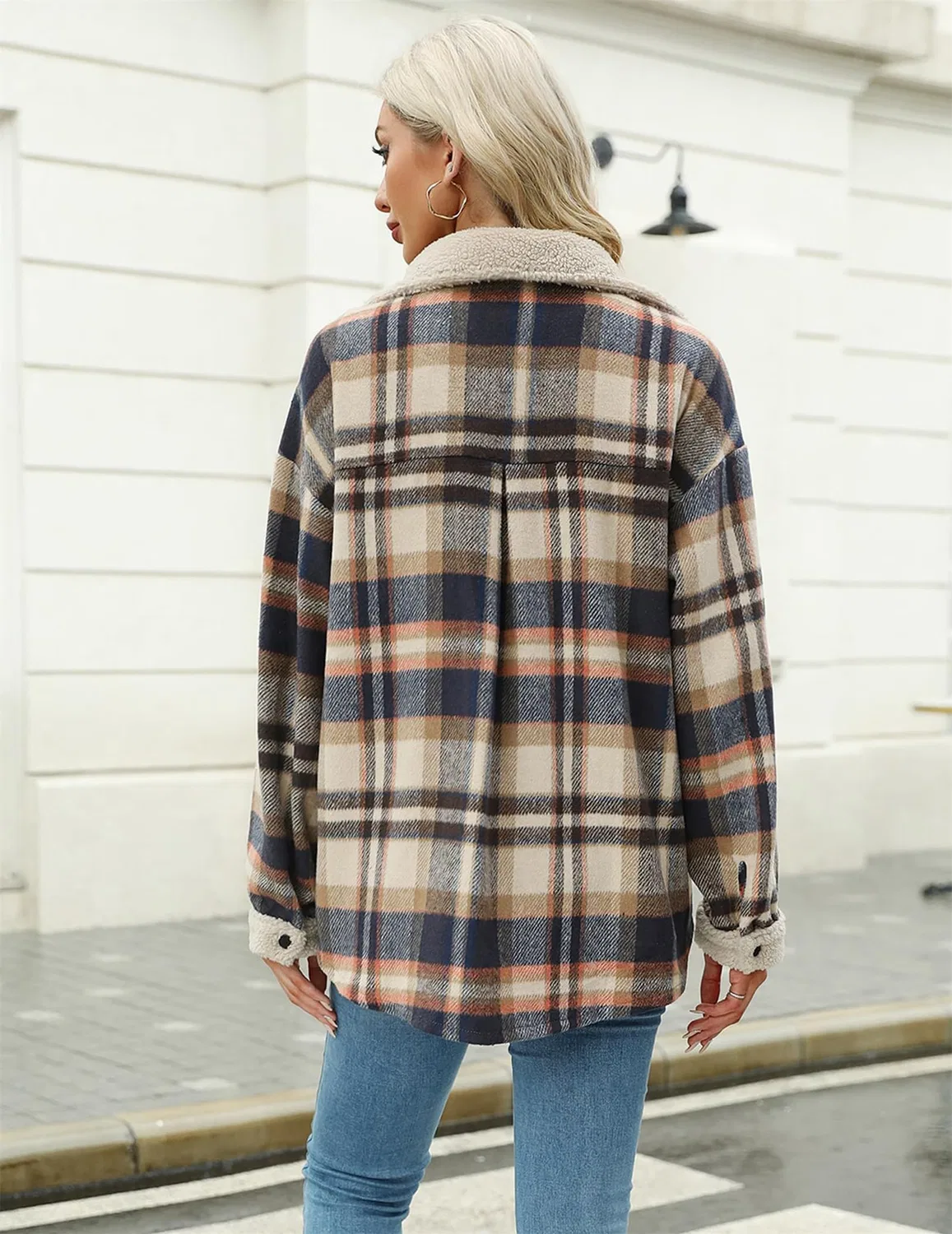 Женское пальто с принтом в клетку Oversized Long Sleeve Coat, Grigio-blu — фото 4