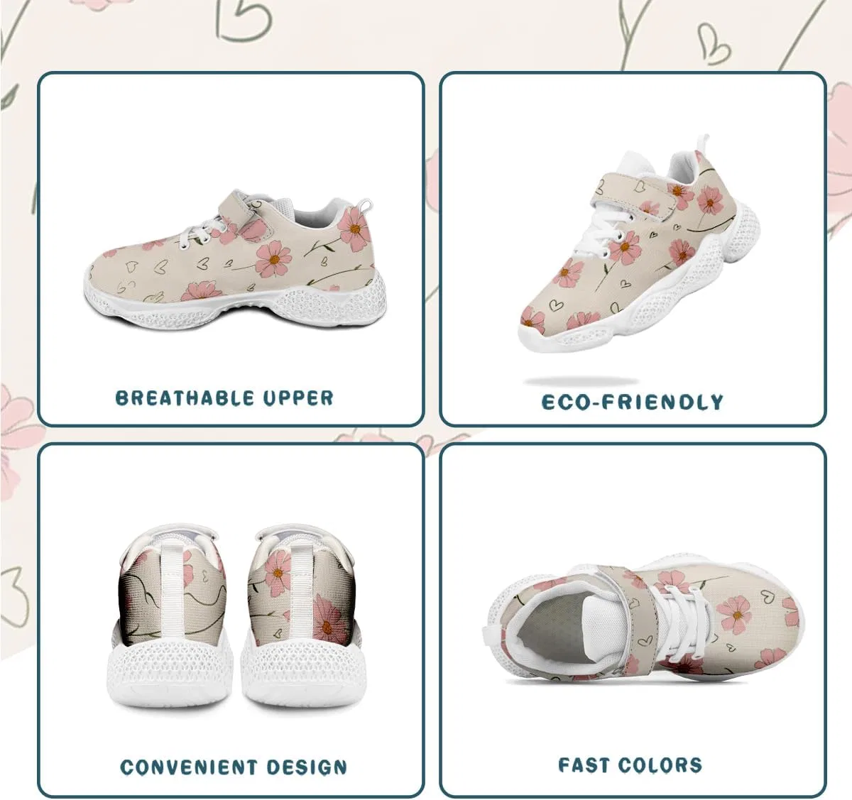 Детские кроссовки для девочек с дышащим трикотажем Mahekot, Heart Bloom Beige — фото 4