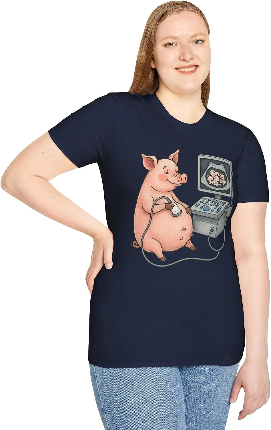 Женская футболка с принтом Pregnant Pig Ultrasound Shirt, тёмно-синий — фото 3