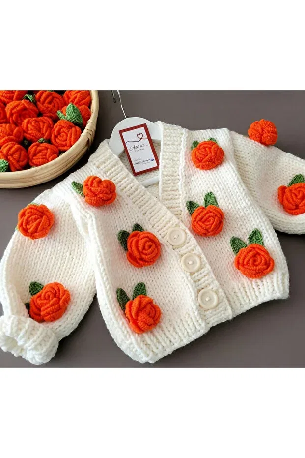 Детский кардиган с принтом Rose Detailed Hand Knitted Children's Cardigan, Flower Detailed Baby Cardigan El Örgüsü, Orange