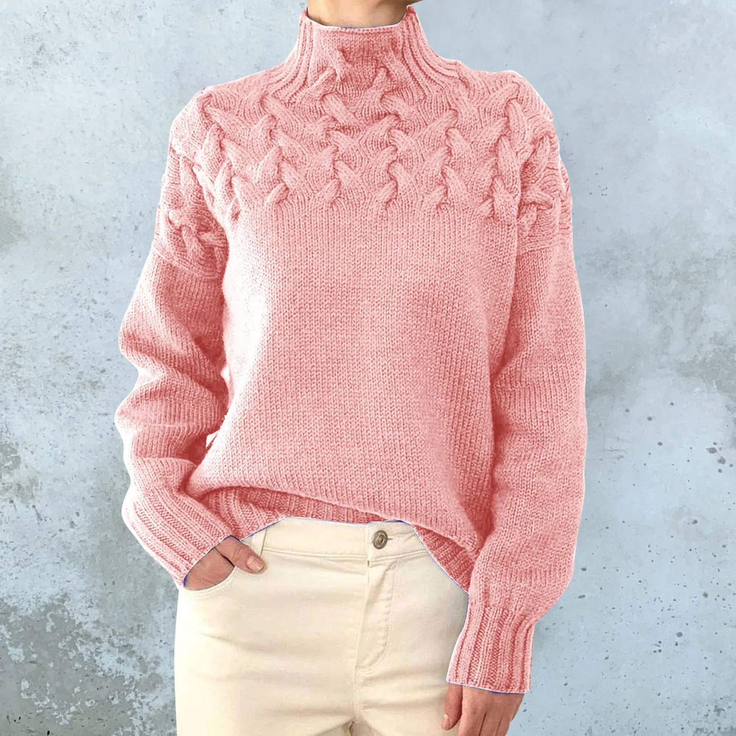 Женский свитер с высоким воротом и косами, с длинным рукавом, Pink — фото 2
