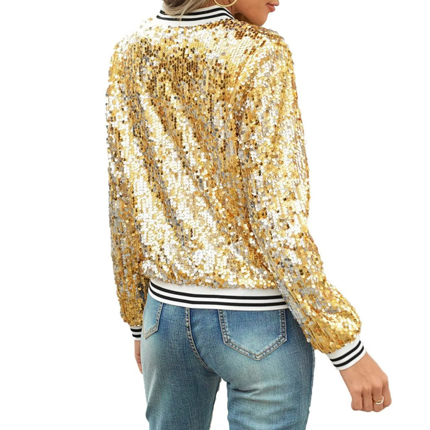 Женская куртка-бомбер с пайетками и длинным рукавом Sequin Jackets for Women, Oro — фото 4
