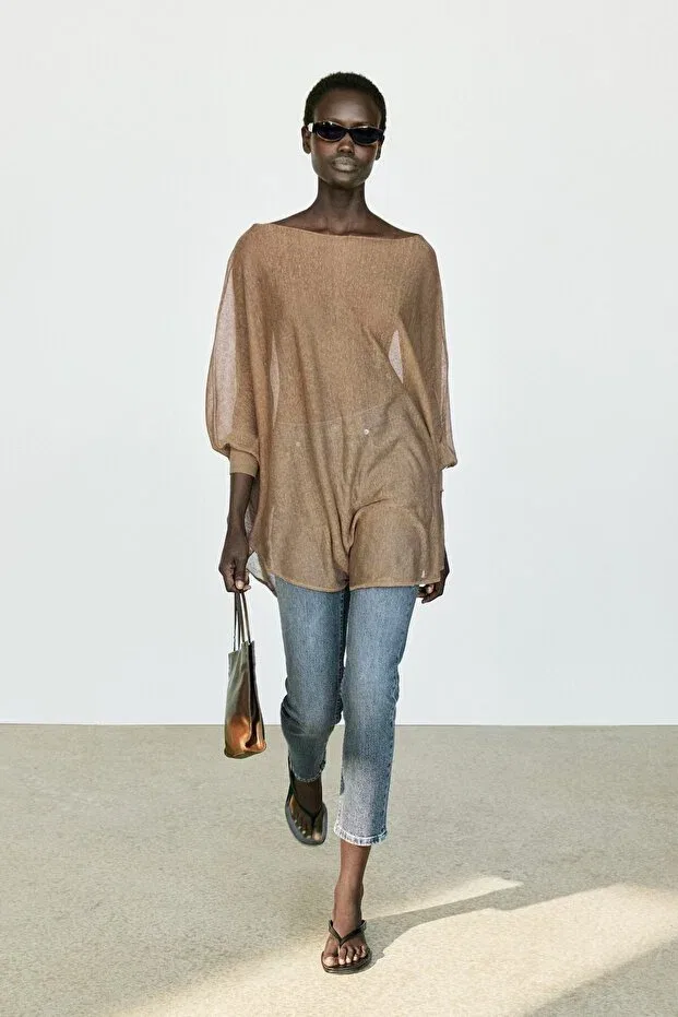 Женское платье с длинным рукавом Linen-Blend Draped Cape-Cut Knitwear Massimo Dutti, Moss Green
