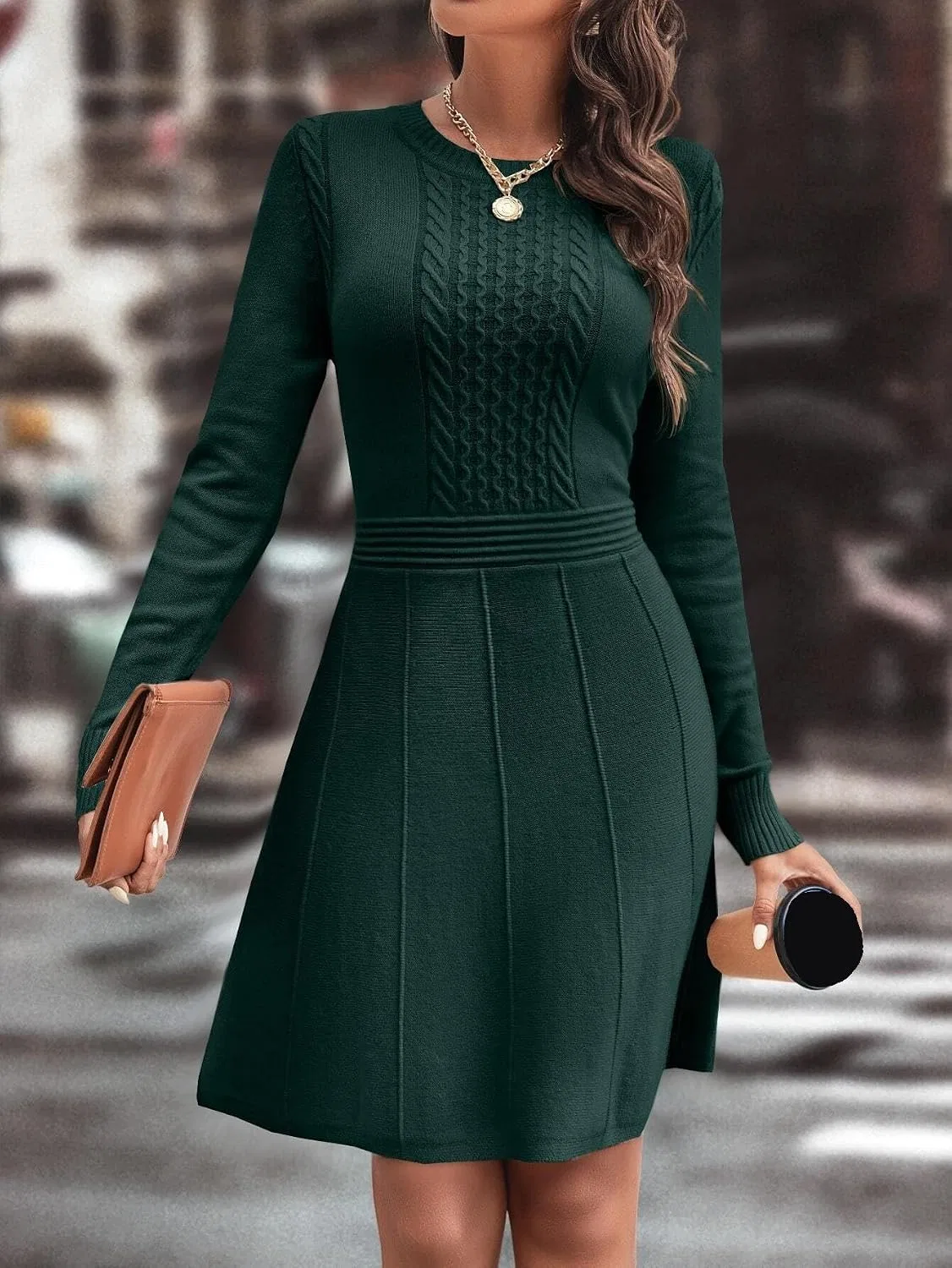 Женское элегантное платье с кабельным вязанием, Dark Green — фото 4