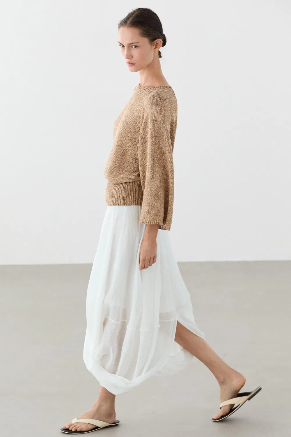 Вязаный свитер из смеси хлопка с меланжевой текстурой Massimo Dutti, Tobacco Brown — фото 3