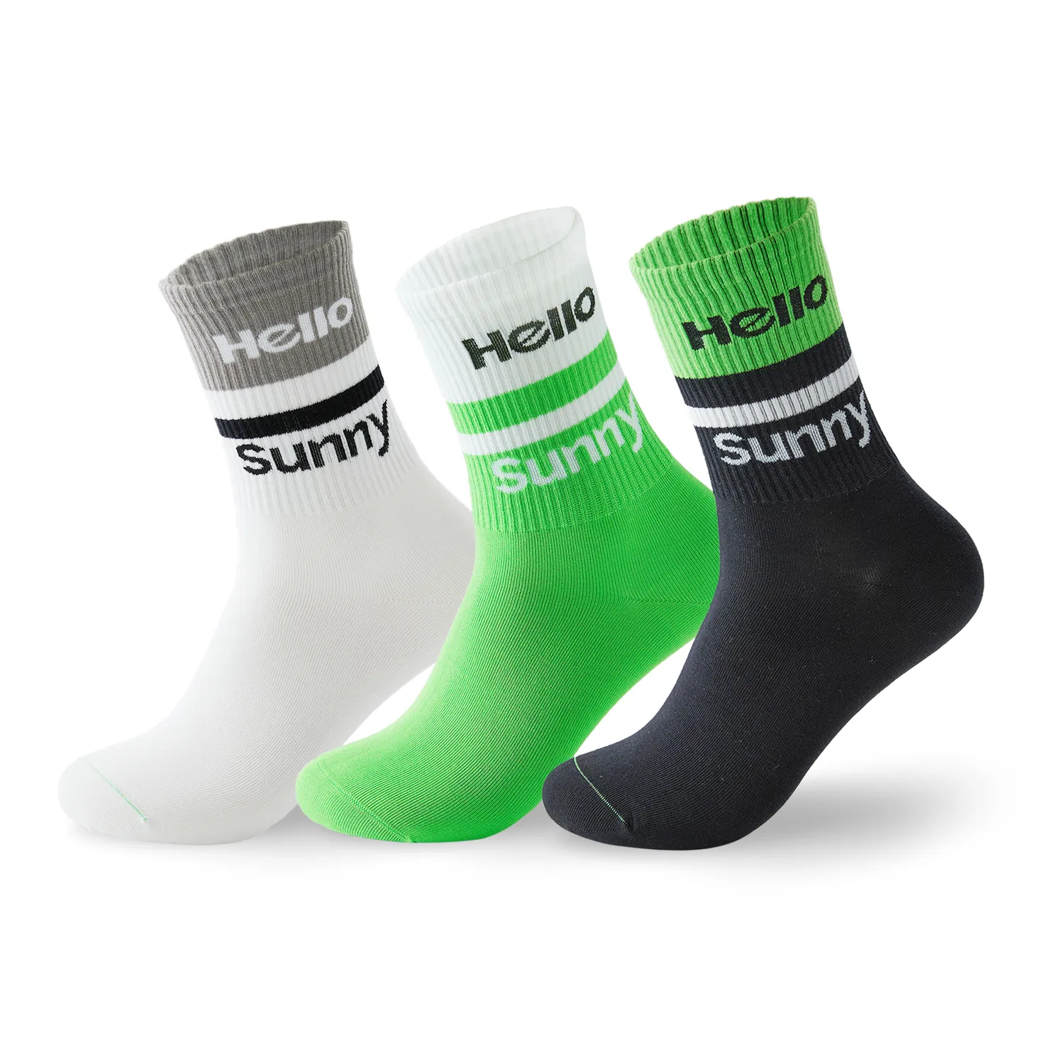 Детские носки с принтом, комплект из 3 пар, Hello Sunny, White Gray+Green+Black