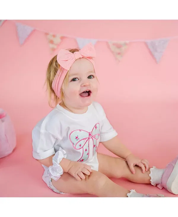 Детский боди-комбинезон для девочек с коротким рукавом Sky Floral Bow Patch Sweet Wink, белый — фото 2