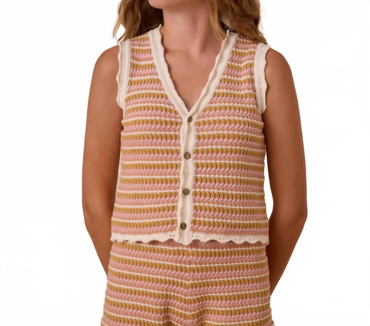 Детский комплект для девочек с вязаной отделкой Scallop Crochet Rylee + Cru, Pink Stripe — фото 2