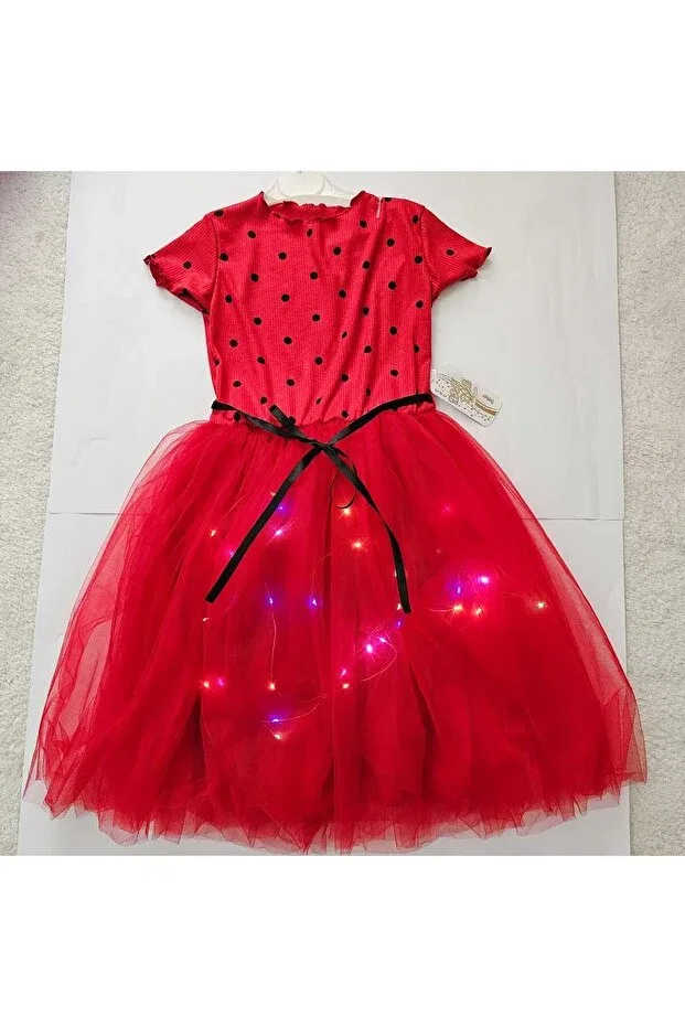 Детское платье для девочек с принтом Ladybug patterned girl's tutu dress with led lights - lined, fun model Beryka, Red — фото 2