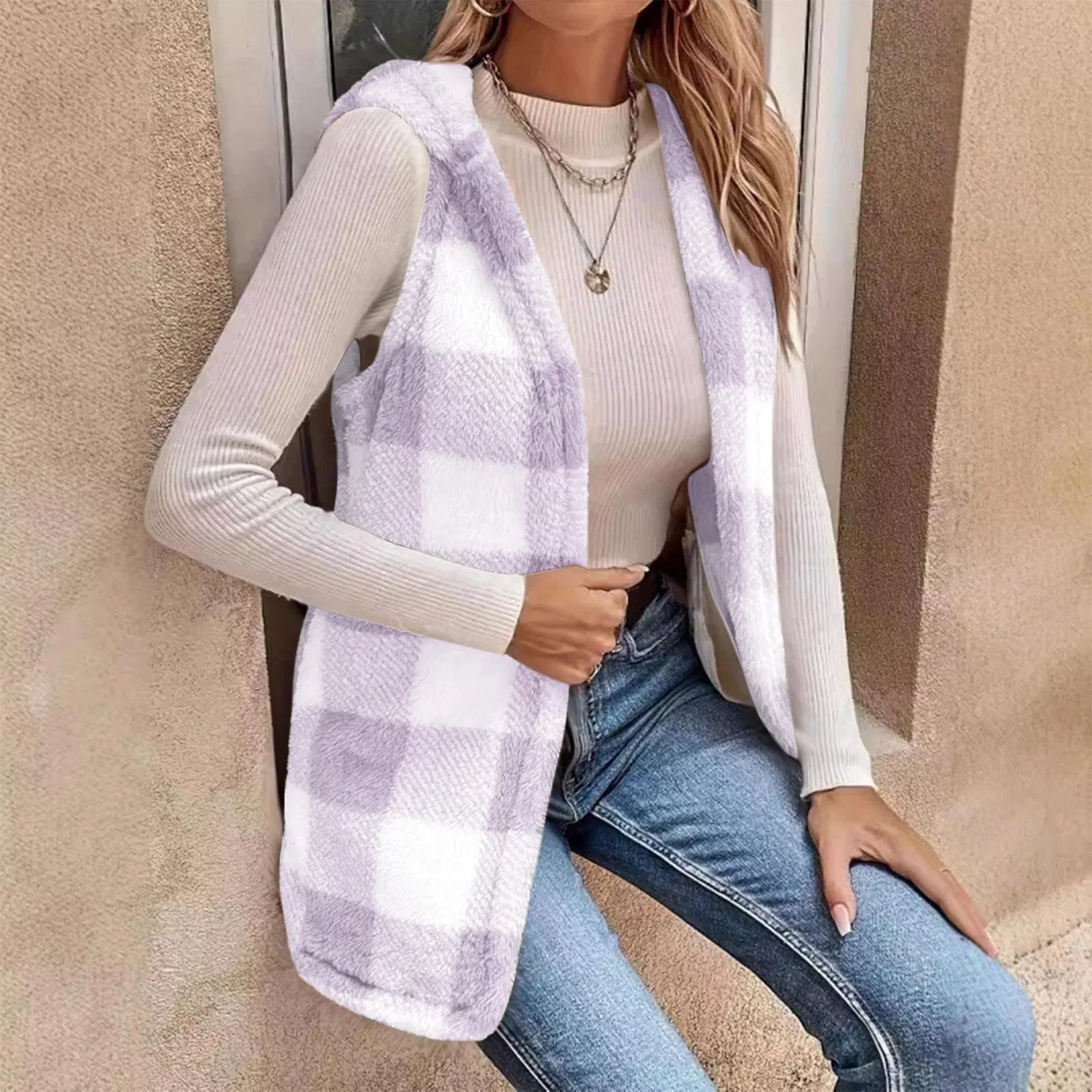 Женское пальто из флиса с капюшоном, модель Gilet con cappuccio in pile, Light Viola — фото 3