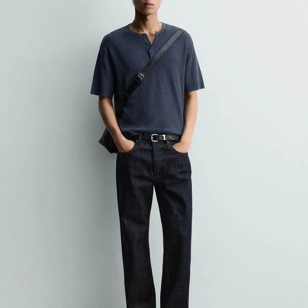 Мужская футболка с воротником-стойкой Indigo Henry Collar ZARA, Indigo — фото 4