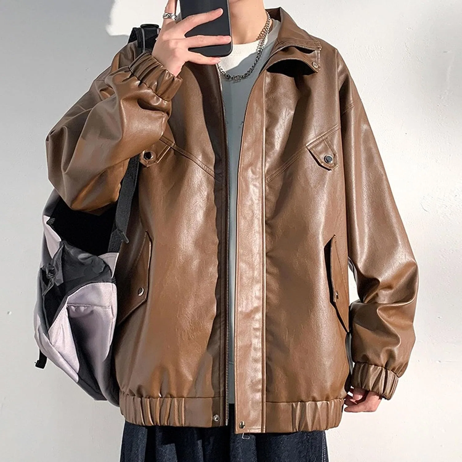 Мужская куртка из экокожи с молнией, модель Oversized, кофейный — фото 2