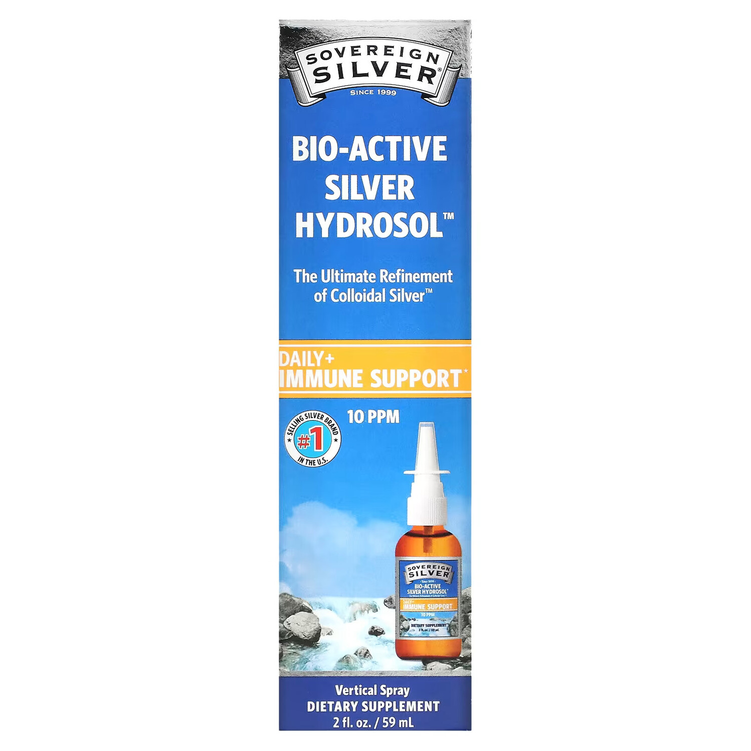

Sovereign Silver, Bio-Active Silver Hydrosol, поддержка иммунитета, вертикальный спрей, 10 част./млн, 59 мл
