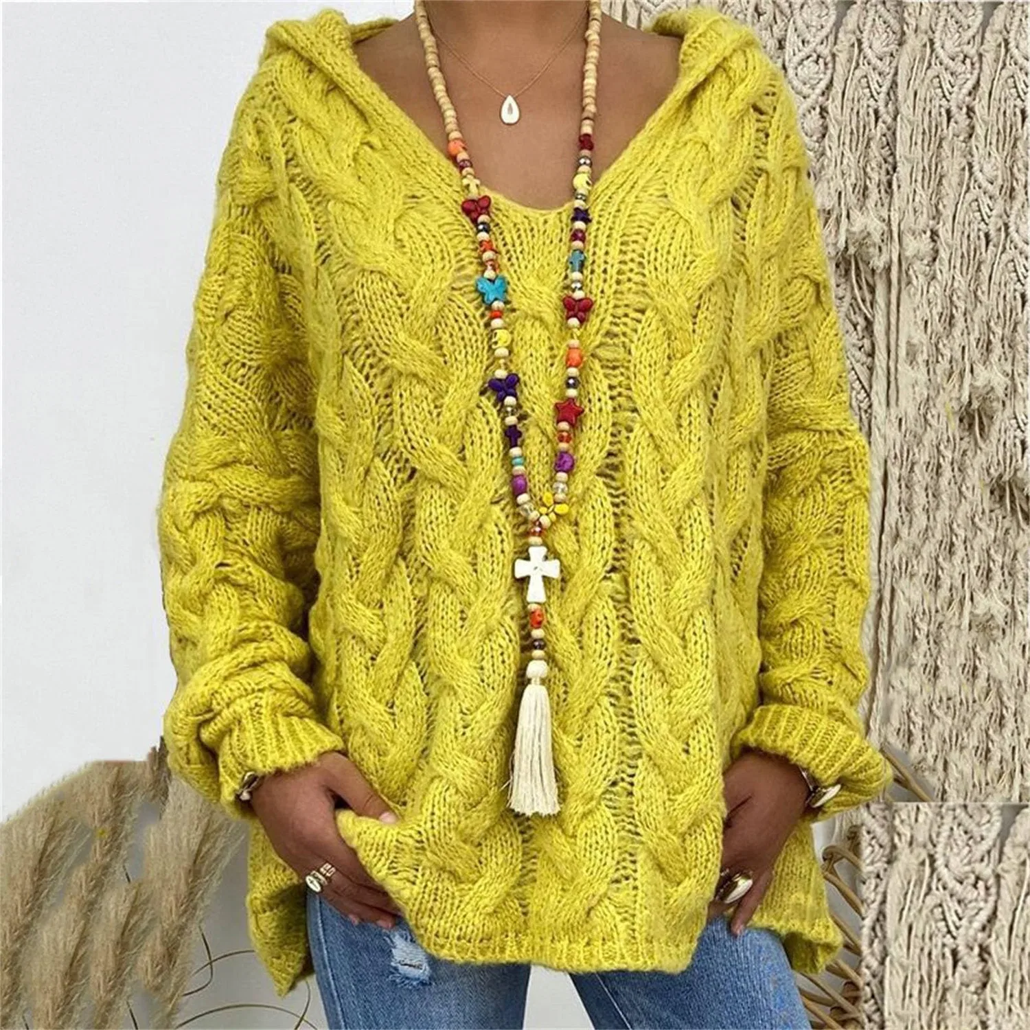 Женский свитер с V-образным вырезом Winter Warm Sweaters, Yellow — фото 2
