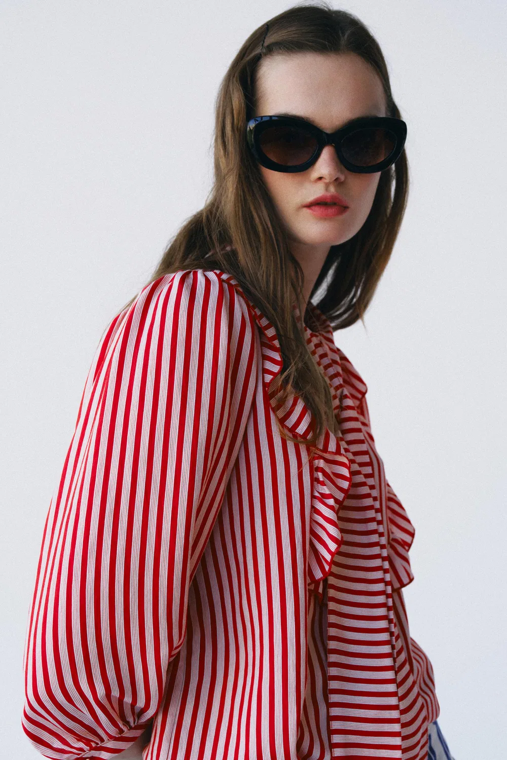 Рубашка в полоску с бантом ZARA, White/Red