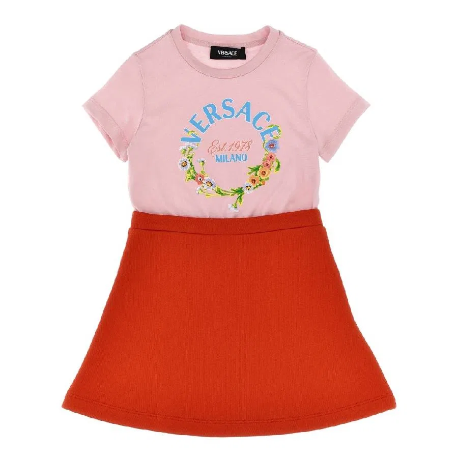 Платье хлопковое с коротким рукавом Short Sleeve Floral Cotton Dress Young Versace, Pastel Pink+Rosso+Multicolor