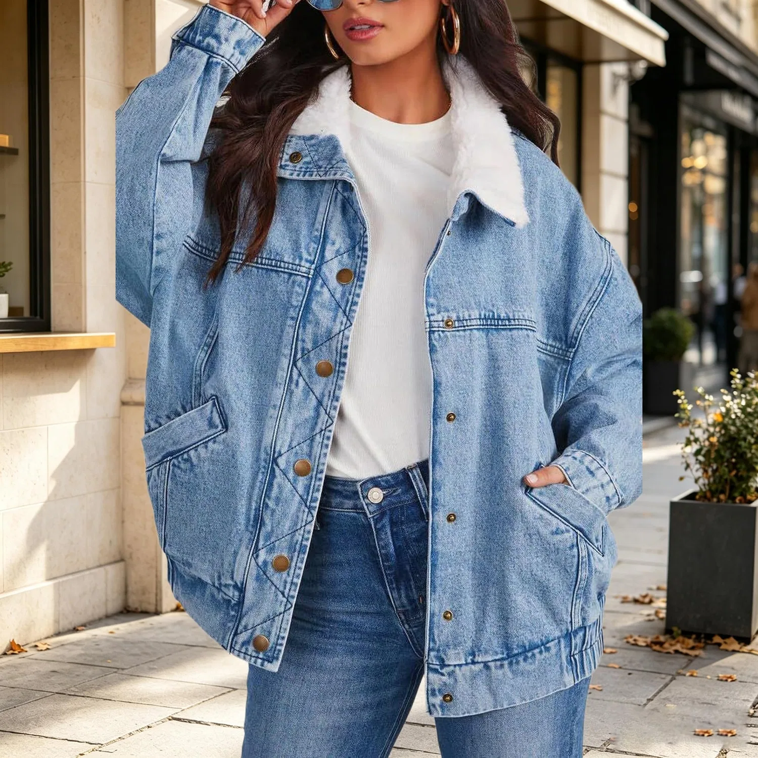Женское джинсовое пальто oversize с тёплым воротником, Azzurro chiaro — фото 3