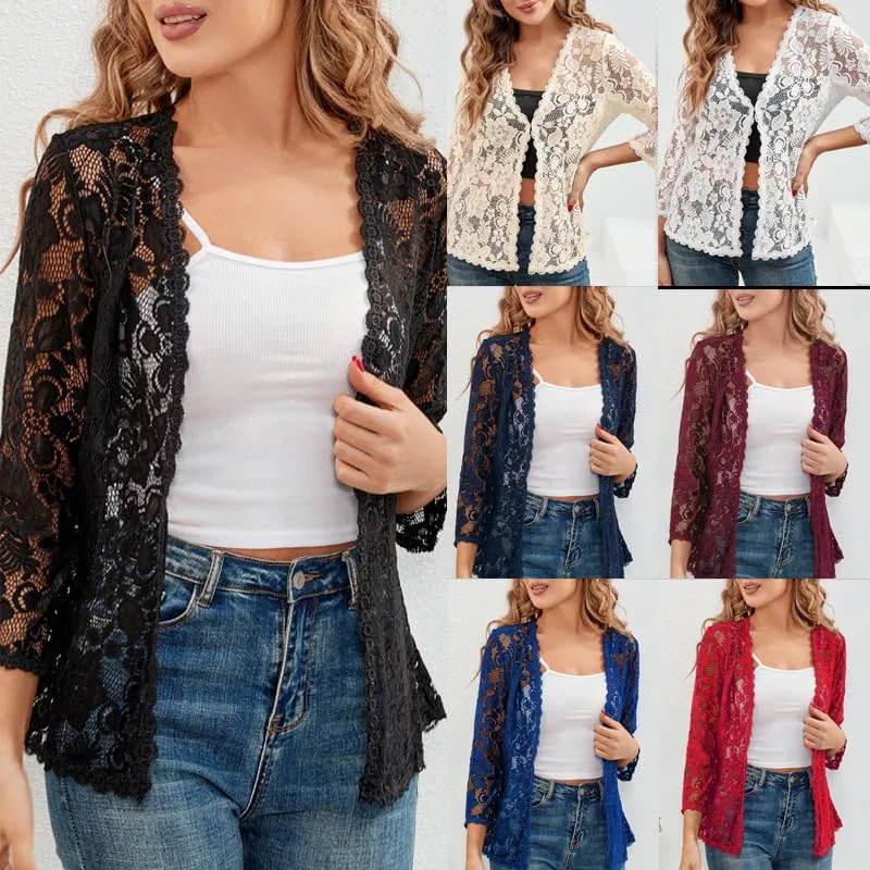 Женский кардиган с цветочным кружевом с рукавом 3/4, модель Bolero, Blue — фото 2