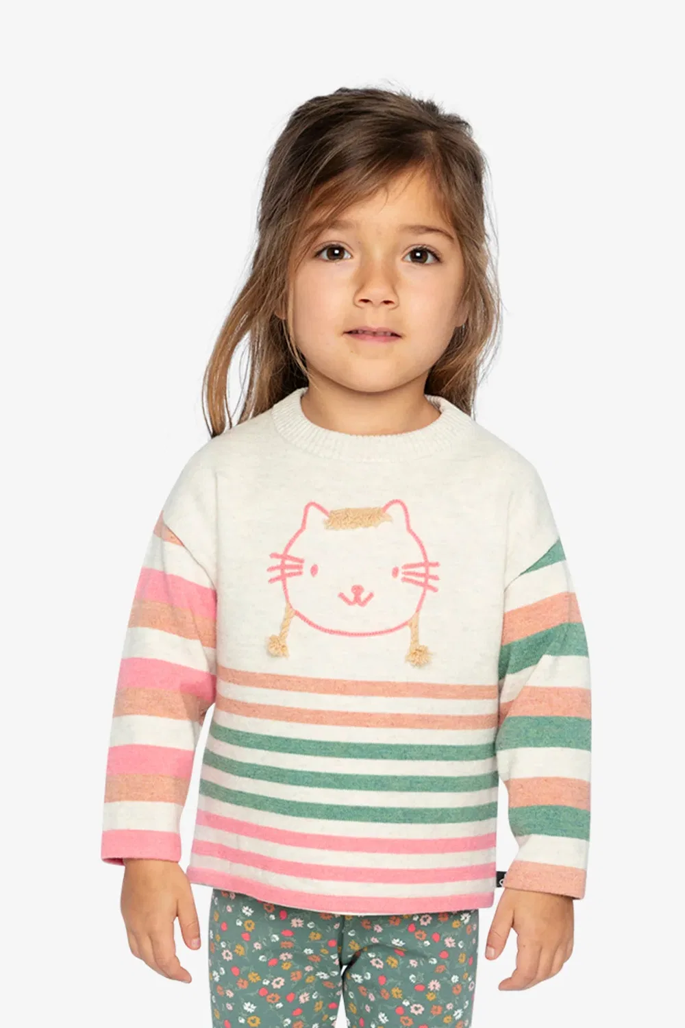 Детский свитер с длинным рукавом с аппликацией кота Knitted Stripe Sweater Deux par Deux, Off-White — фото 2