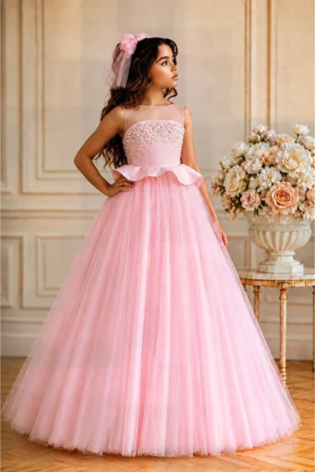 Детское платье для девочек с принтом Girl's pearl tulle evening dress By Feyza Kids Collection, Pink