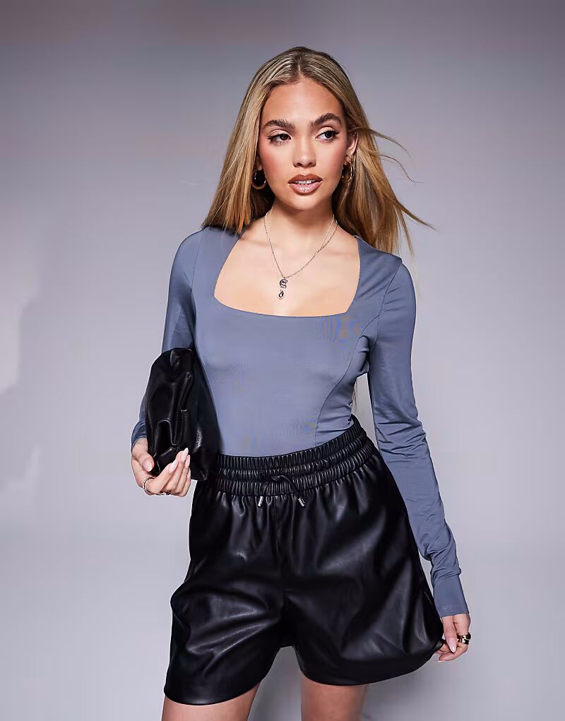 

Боди ASOS DESIGN с квадратным вырезом и длинными рукавами серого цвета