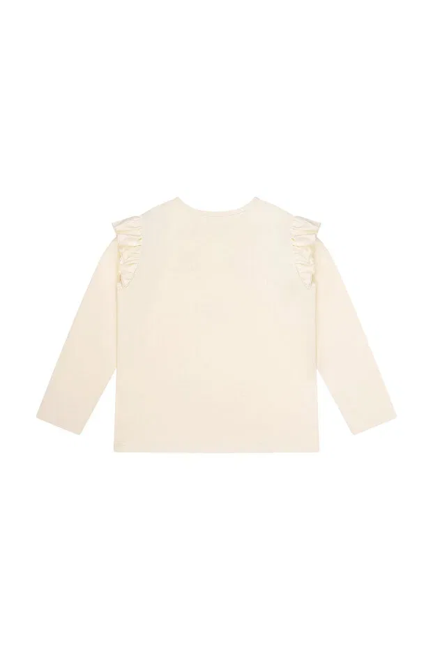 Детская футболка с длинным рукавом с принтом Floral Embroidered Shoulder Ruffle Long Sleeve Tshirt Minycenter, Ecru — фото 3