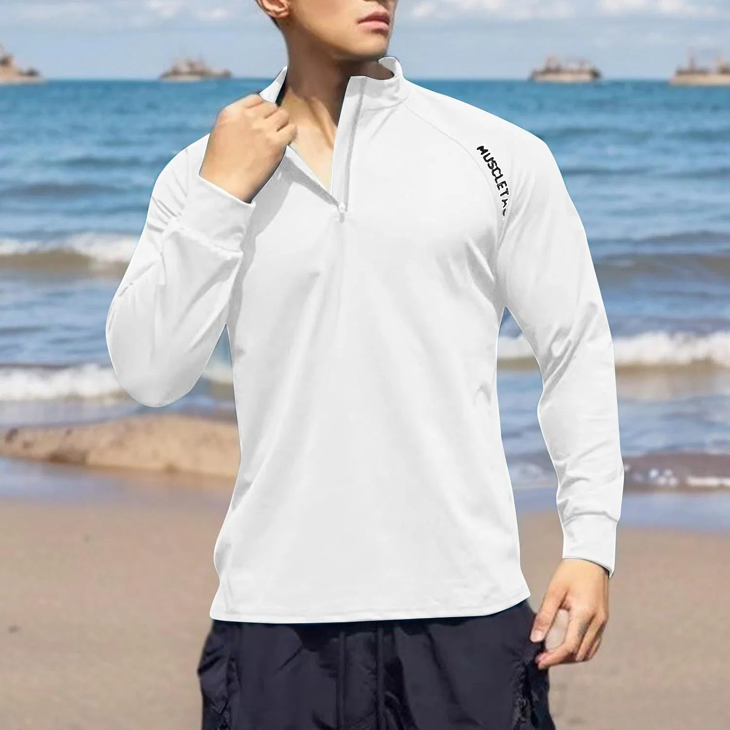 Мужская быстросохнущая футболка с длинным рукавом, Quarter Zip, White — фото 2