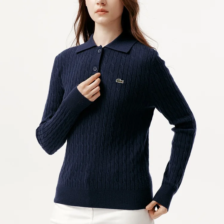 Женская футболка Lacoste, трикотажная поло с умеренным воротником, темно-синий
